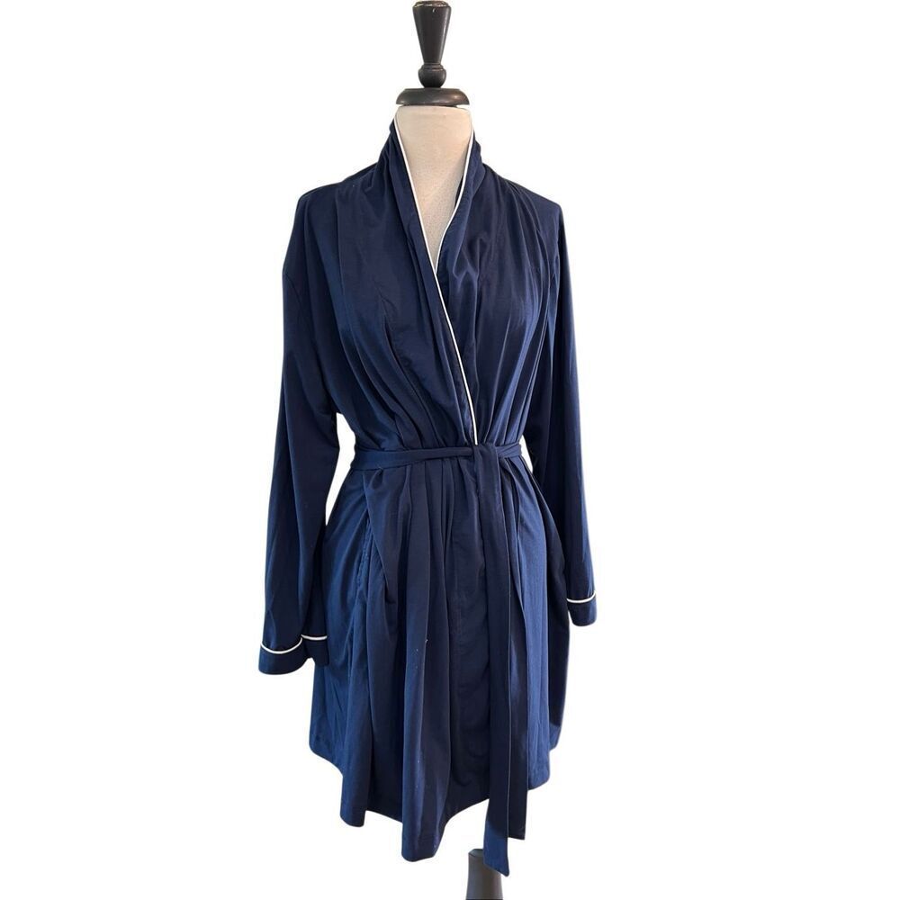 Softies Women's White Trim Stretch Wrap Belted Long Sleeve Robe Navy Blue Sz XL